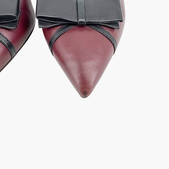 Chanel Pointed Toe Bow Pumps Size 38 US 7-7.5 Maroon Leather CC Mid Block Heel - Picture 6 of 15